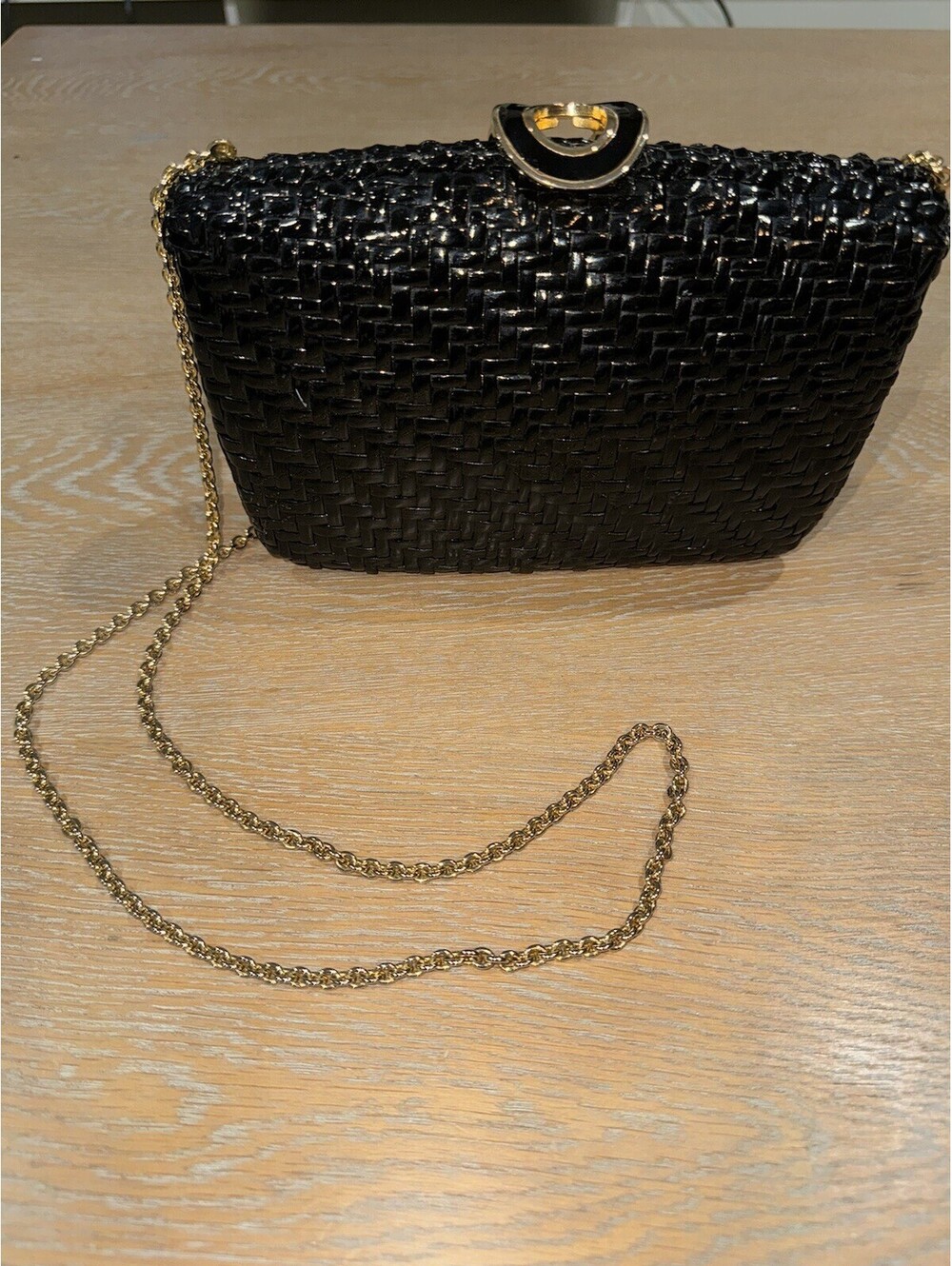 Vintage Rodo Italy Black Wicker Basket Weave Crossbody Clutch Bag Gold Y2K Chic